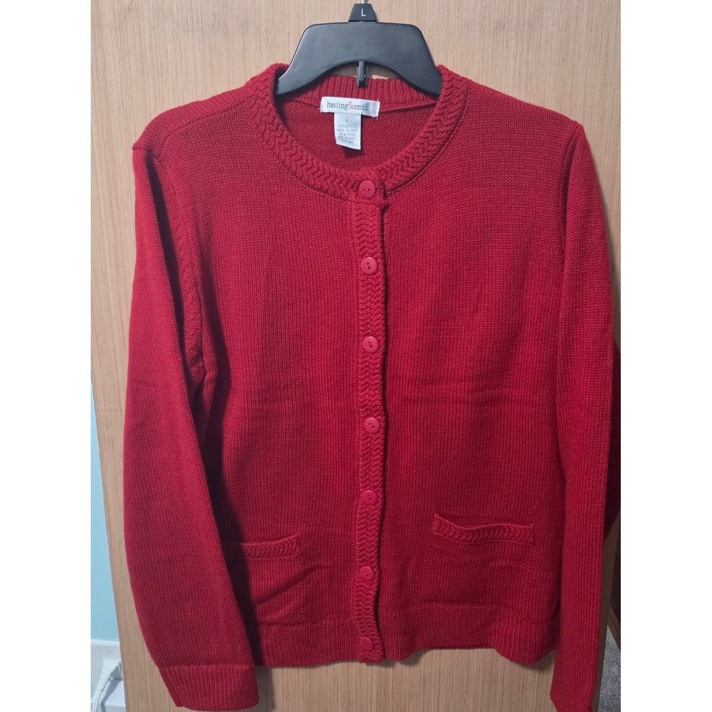 Hastings Smith Size L Ladies Red Acrylic Knit Button Front Cardigan Sweater